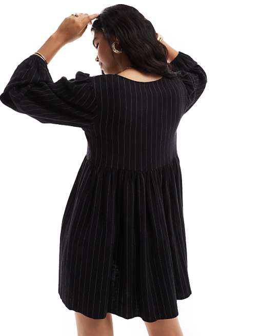 Asos ASOS DESIGN Linen Effect V-neck Mini Smock Dress In Black & White Pinstripe