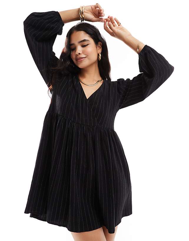 asos ASOS DESIGN linen effect v-neck mini smock dress in black & white pinstripe