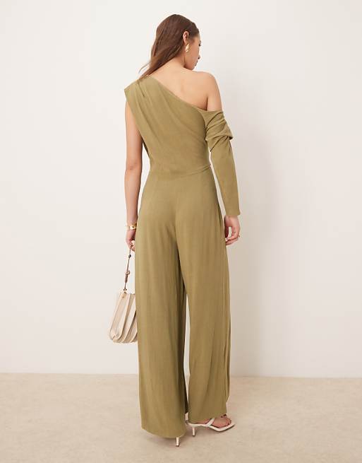 Asos ASOS DESIGN Linen Fallen Shoulder Jumpsuit In Khaki