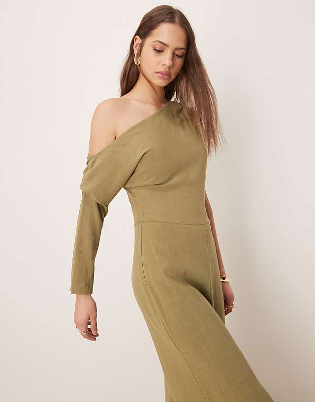 Asos ASOS DESIGN Linen Fallen Shoulder Jumpsuit In Khaki