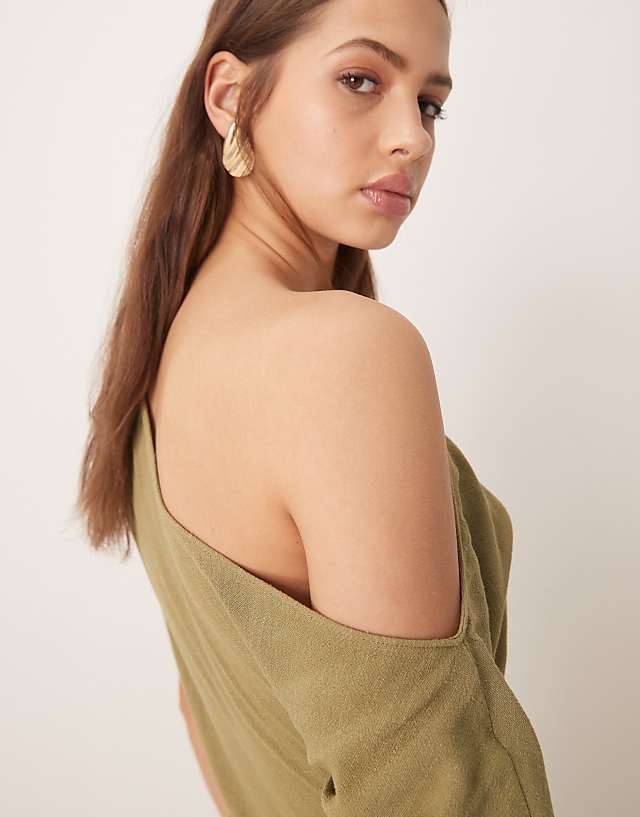 Asos ASOS DESIGN Linen Fallen Shoulder Jumpsuit In Khaki