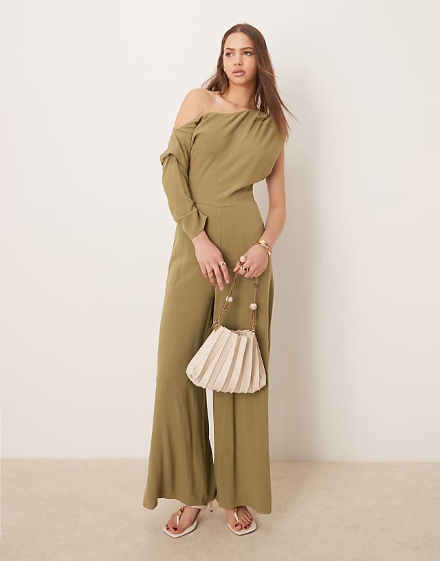 asos ASOS DESIGN linen fallen shoulder jumpsuit in khaki