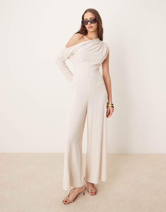 Asos ASOS DESIGN Linen Fallen Shoulder Jumpsuit In Oat