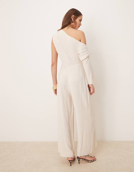 Asos ASOS DESIGN Linen Fallen Shoulder Jumpsuit In Oat