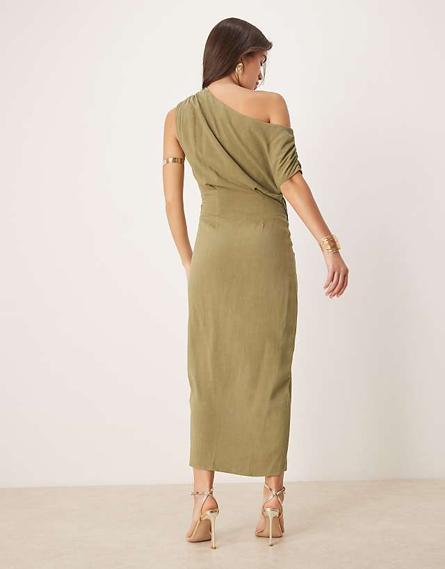 Asos ASOS DESIGN Linen Fallen Twist Shoulder Wrap Skirt Detail Midi Dress In Khaki