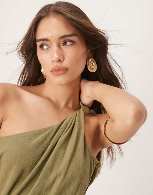 Asos ASOS DESIGN Linen Fallen Twist Shoulder Wrap Skirt Detail Midi Dress In Khaki
