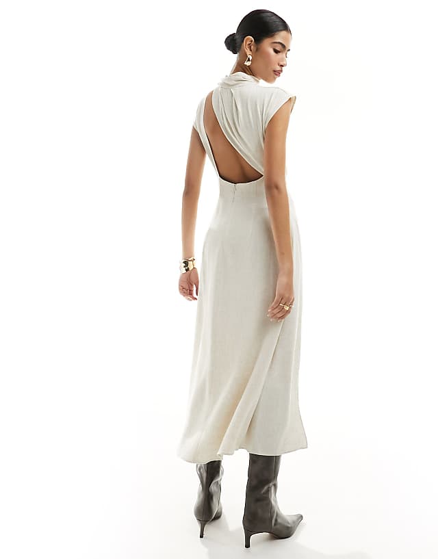 Asos ASOS DESIGN Linen High Neck Grown On Sleeve Midi Dress With Open Back And Button Neck Detail In Oatmeal