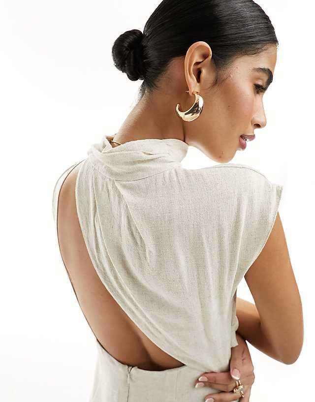 Asos ASOS DESIGN Linen High Neck Grown On Sleeve Midi Dress With Open Back And Button Neck Detail In Oatmeal