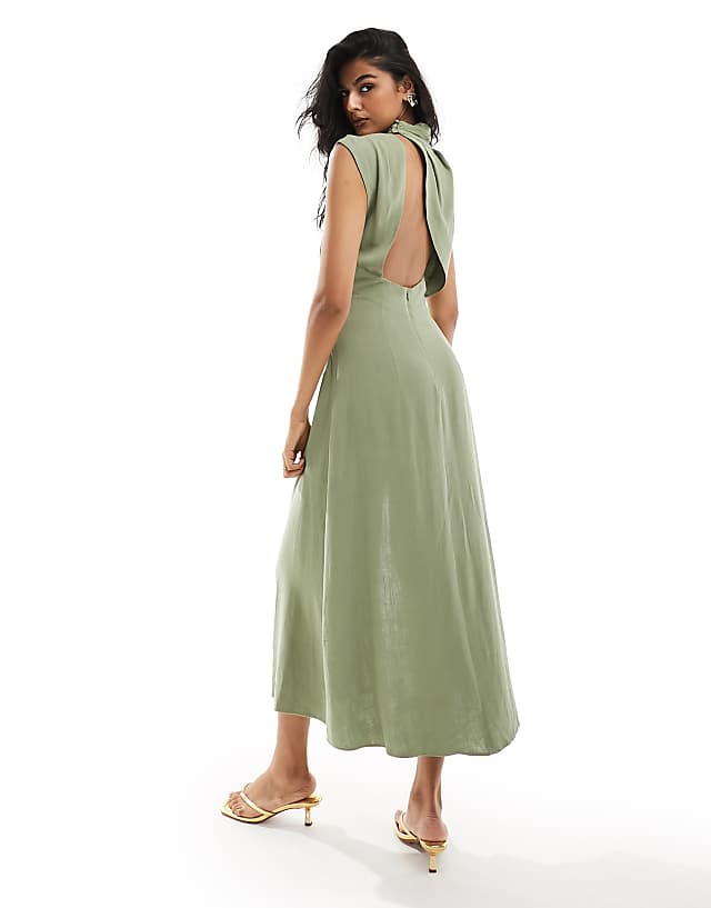 Asos ASOS DESIGN Linen High Neck Grown On Sleeve Midi Dress With Open Back And Button Neck Detail In Khaki