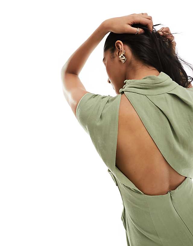 Asos ASOS DESIGN Linen High Neck Grown On Sleeve Midi Dress With Open Back And Button Neck Detail In Khaki