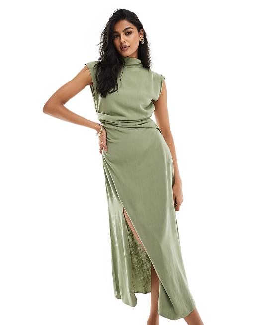 asos ASOS DESIGN linen high neck grown on sleeve midi dress with open back and button neck detail in khaki