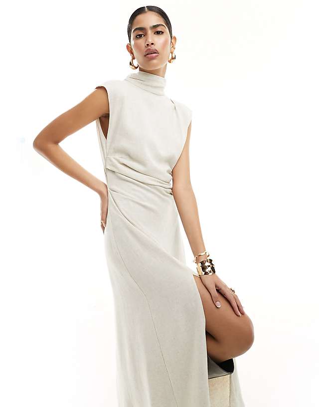 asos ASOS DESIGN linen high neck grown on sleeve midi dress with open back and button neck detail in oatmeal