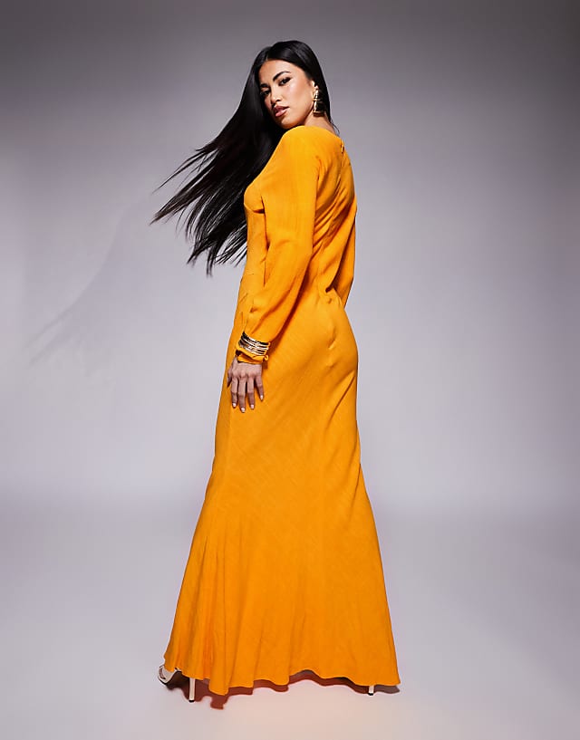 Asos ASOS DESIGN Linen High Neck Seam Detail Maxi Dress In Orange