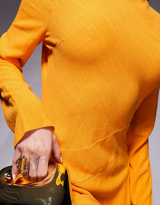 Asos ASOS DESIGN Linen High Neck Seam Detail Maxi Dress In Orange
