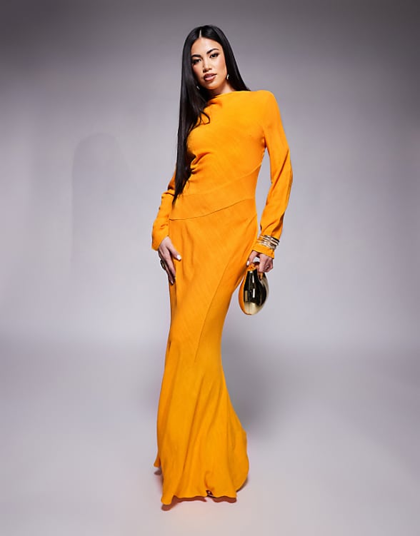 asos ASOS DESIGN linen high neck seam detail maxi dress in orange