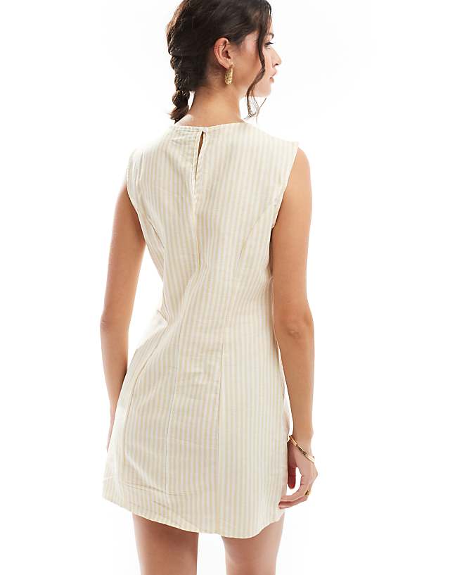 Asos ASOS DESIGN Linen High Neck Shift Dress With Pocket Detail In Cream Stripe