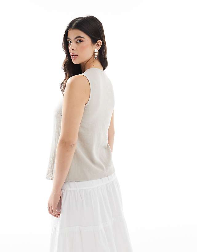 Asos ASOS DESIGN Linen Look Asymmetric Button Front Waistcoat In Stone