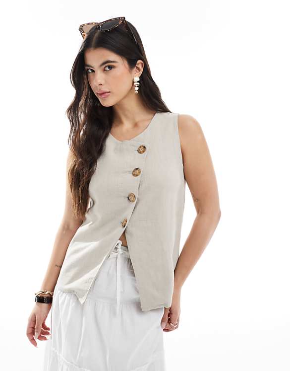 asos ASOS DESIGN linen look asymmetric button front waistcoat in stone