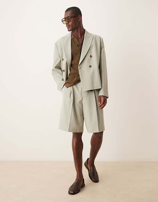 asos ASOS DESIGN linen look boxy suit in sage green