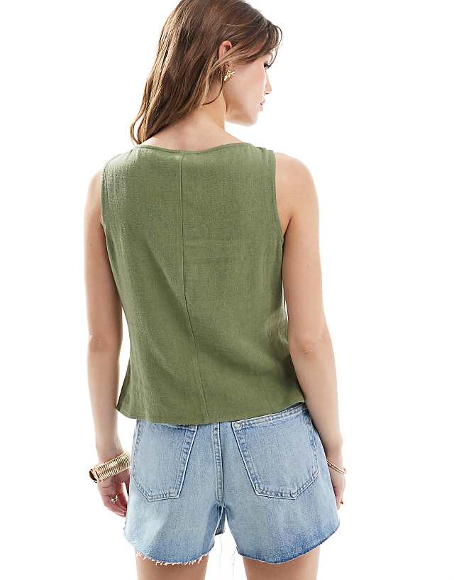 Asos ASOS DESIGN Linen Look Button Front Waistcoat In Khaki