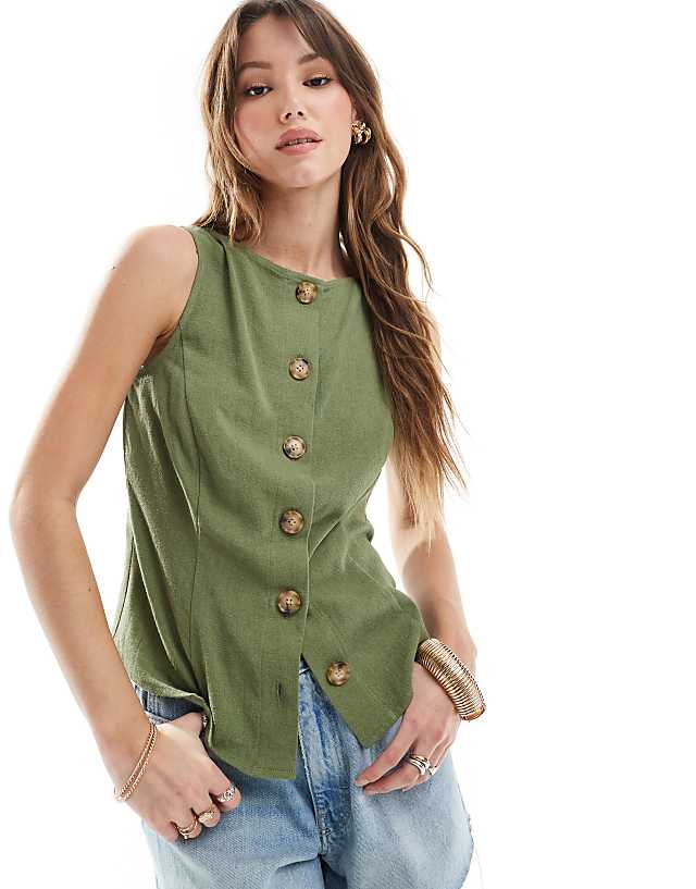 asos ASOS DESIGN linen look button front waistcoat in khaki