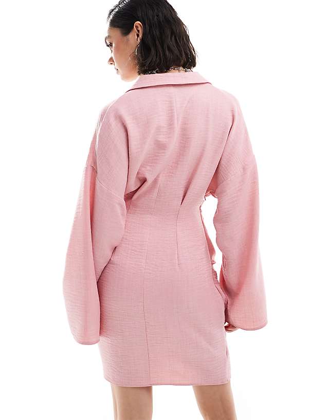 Asos ASOS DESIGN Linen Look Collar Wrap Long Sleeve Mini Dress With Button Detail Skirt In Dusky Pink