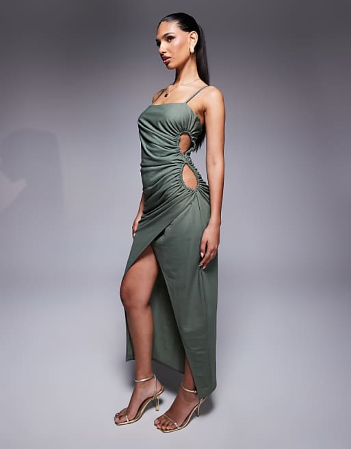 Asos ASOS DESIGN Linen Look Drapey Cami Midi Dress With Channelled Cut Out Detail In Khaki