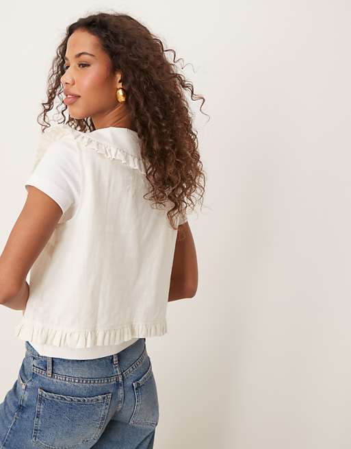 Asos ASOS DESIGN Linen Look Frill Collar Waistcoat In Ivory