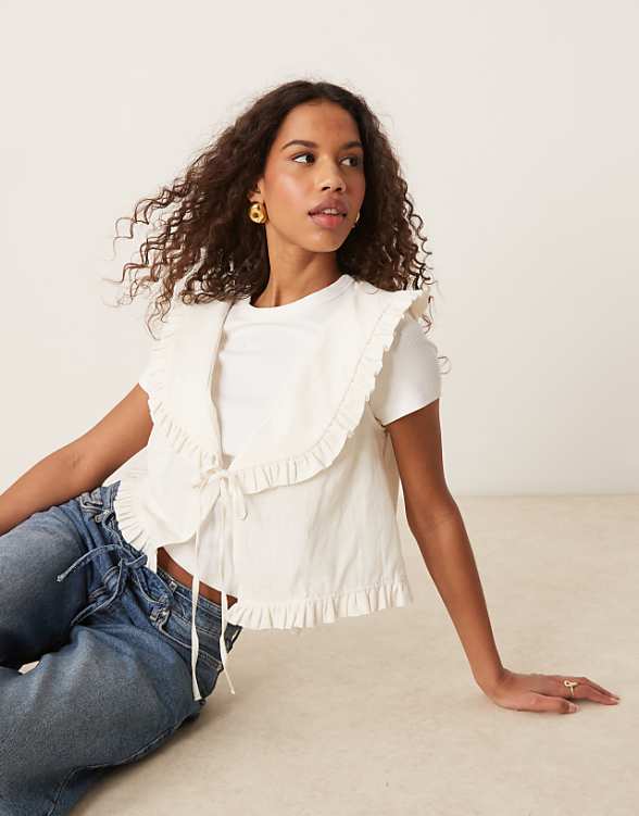 asos ASOS DESIGN linen look frill collar waistcoat in ivory