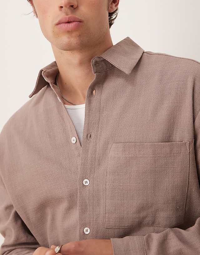 Asos ASOS DESIGN Linen Look Long Sleeved Oversized Shirt In Brown