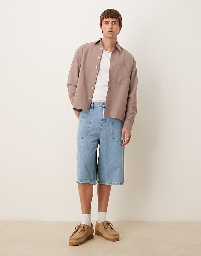 Asos ASOS DESIGN Linen Look Long Sleeved Oversized Shirt In Brown