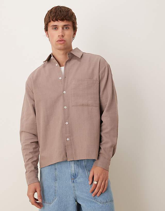 asos ASOS DESIGN linen look long sleeved oversized shirt in brown