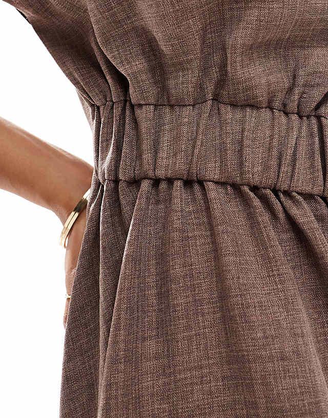 Asos ASOS DESIGN Linen Look Mini Dress With Gathered Detail In Brown