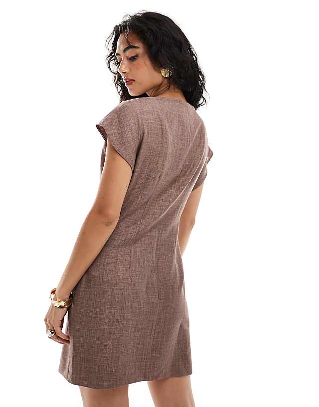 Asos ASOS DESIGN Linen Look Mini Dress With Gathered Detail In Brown
