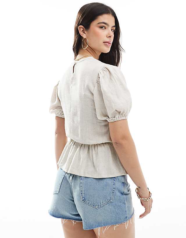 Asos ASOS DESIGN Linen Look Peplum Top With Puff Sleeve In Stone