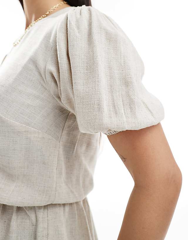 Asos ASOS DESIGN Linen Look Peplum Top With Puff Sleeve In Stone