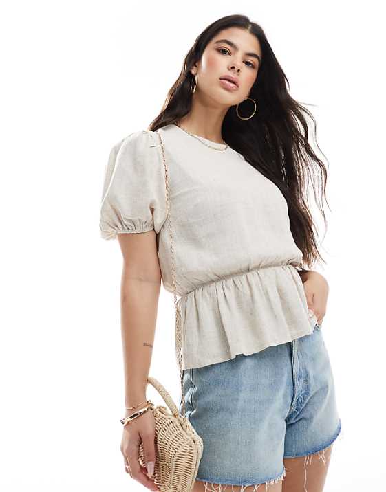 asos ASOS DESIGN linen look peplum top with puff sleeve in stone