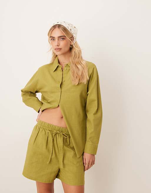 Asos ASOS DESIGN Linen Look Pull On Short Co-ord In Olive