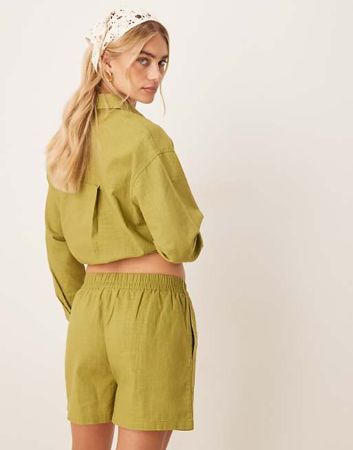 Asos ASOS DESIGN Linen Look Pull On Short Co-ord In Olive