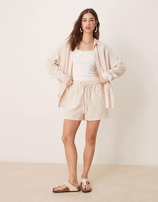 asos ASOS DESIGN linen look pull on shorts in stone