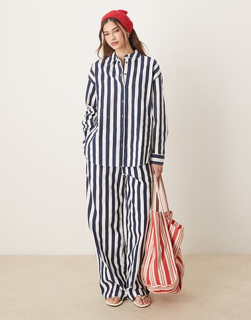asos ASOS DESIGN linen look pull on trouser co-ord in navy stripe