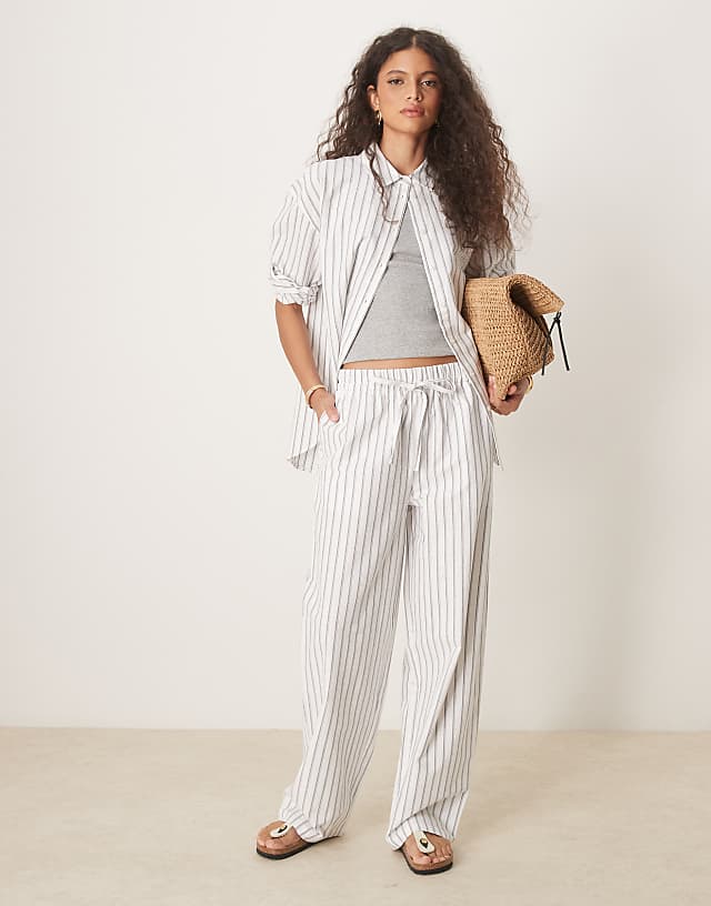 asos ASOS DESIGN linen look pull on trousers co-ord in black stripe