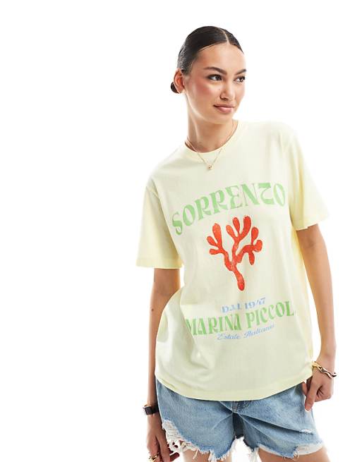 Asos ASOS DESIGN Linen Look Regular Fit T-shirt With Coral Graphic In Lemon