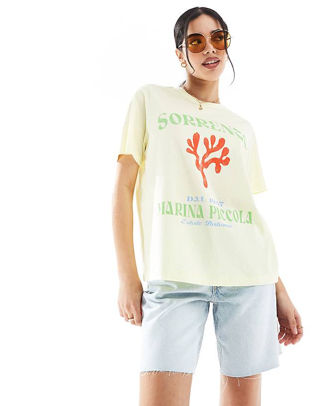 asos ASOS DESIGN linen look regular fit t-shirt with coral graphic in lemon