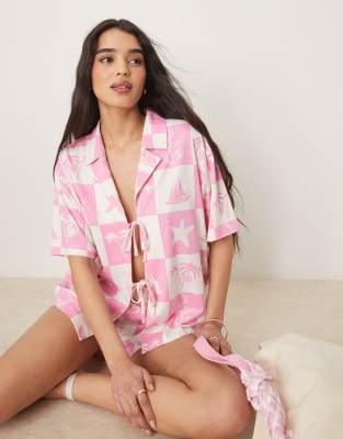 Asos ASOS DESIGN Linen Look Revere Shirt And Short Co-ord In Pink Shell Print