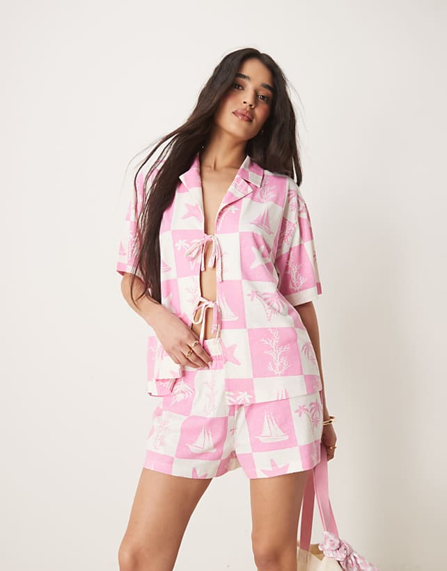 asos ASOS DESIGN linen look revere shirt and short co-ord in pink shell print