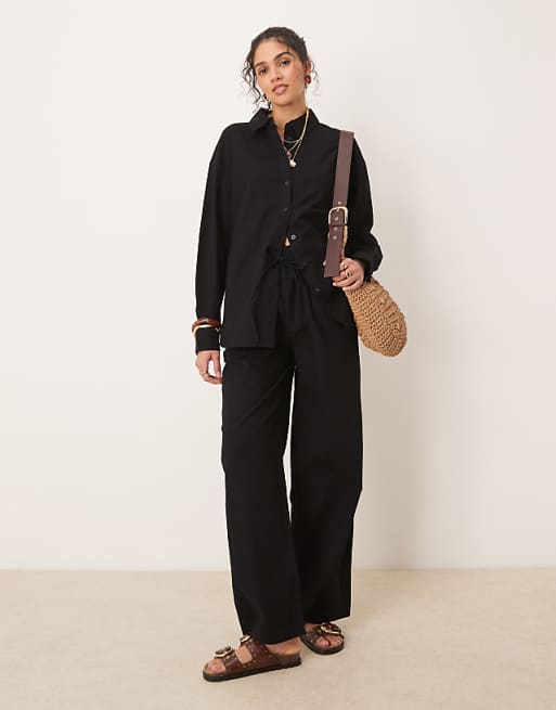 asos ASOS DESIGN linen look shirt and pull on trousers co-ord in black