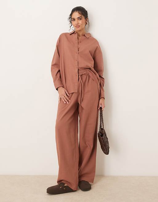asos ASOS DESIGN linen look shirt and trousers co-ord in mocha