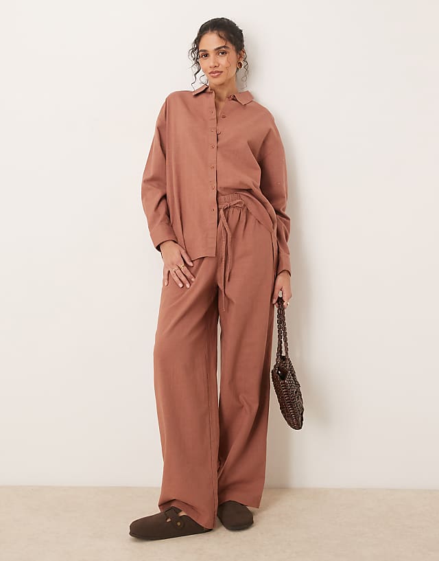 asos ASOS DESIGN linen look shirt and trousers co-ord in mocha