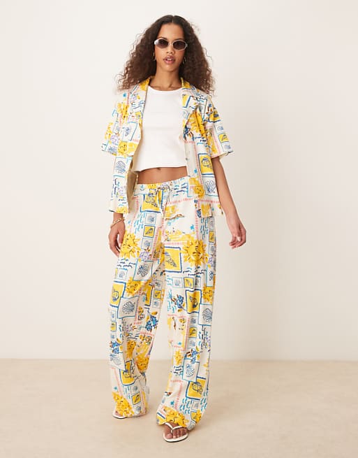 asos ASOS DESIGN linen look shorts trousers and shirt co-ord in postcard print